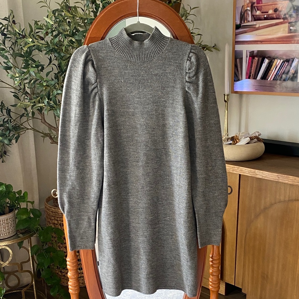 WAYF Gray Knit Mini Long Puffed Sleeve Sweater Dress